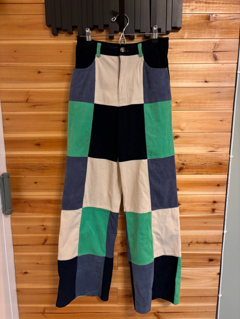 Patchwork Corduroy Pants – Green, Navy & Cream